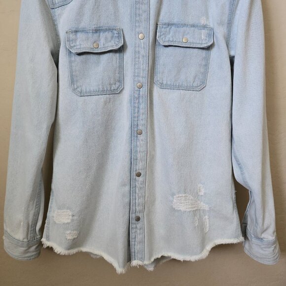 Zara Light Wash Relaxed Fit Distressed Denim Shirt Jacket Shacket - Picture 5 of 13